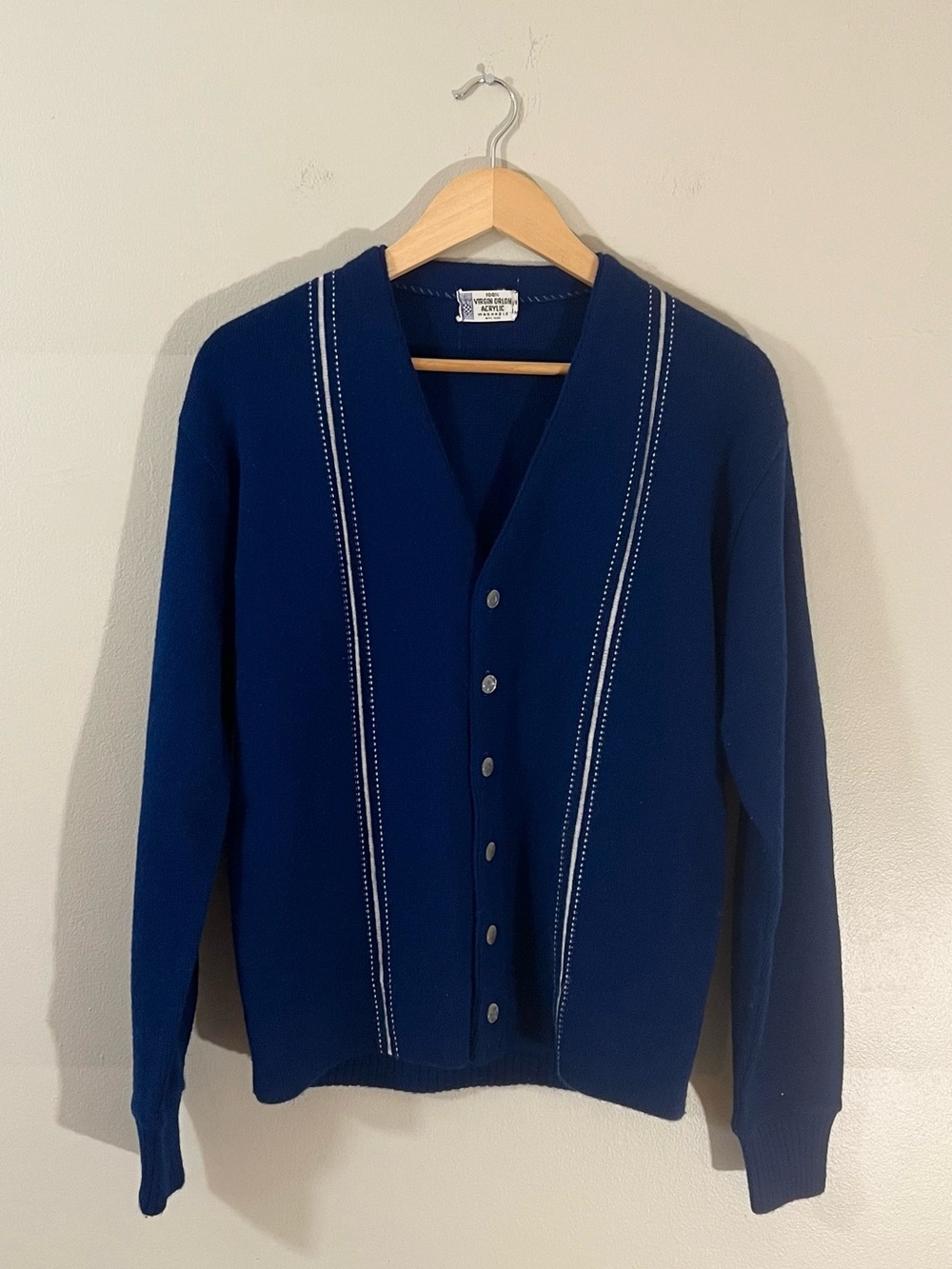 Vintage 1970’s royal blue white stripe button up cardigan retro varsity academia
